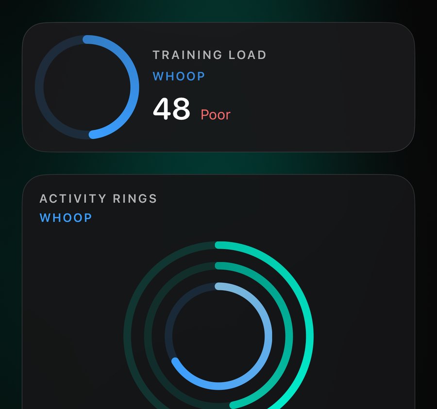 Aether Activity tab in the Classic theme: training load 48 from WHOOP and activity rings