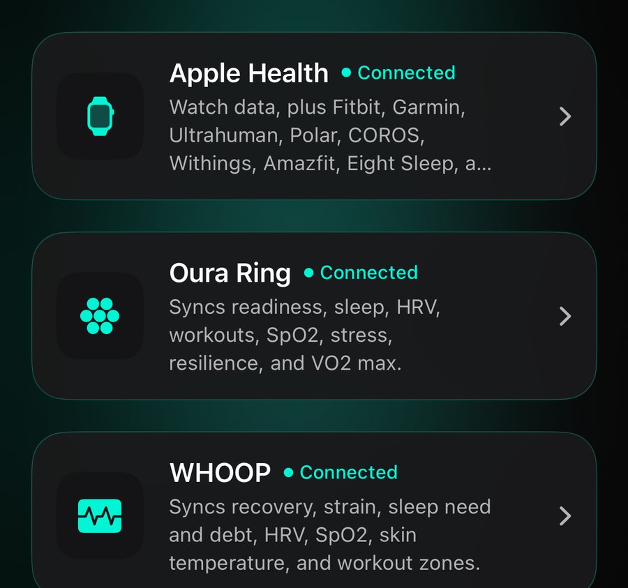 Aether Connected Devices screen in the Classic theme: Apple Health, Oura Ring, and WHOOP, all connected