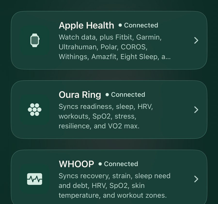 Aether Connected Devices screen in the Emerald theme: Apple Health, Oura Ring, and WHOOP, all connected