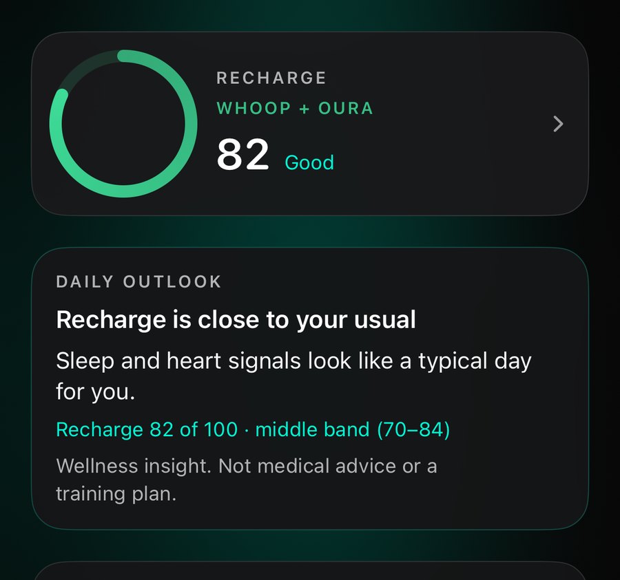Aether Recovery tab in the Classic theme: Recharge 82 from WHOOP and Oura, and the daily outlook: Recharge is close to your usual