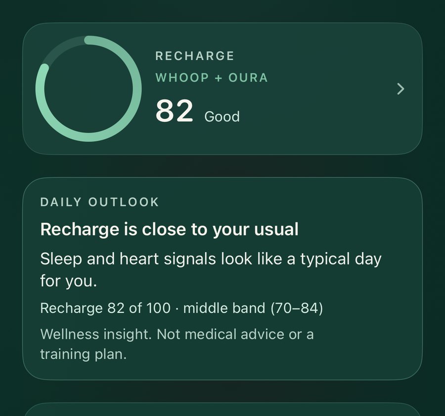 Aether Recovery tab in the Emerald theme: Recharge 82 from WHOOP and Oura, and the daily outlook: Recharge is close to your usual